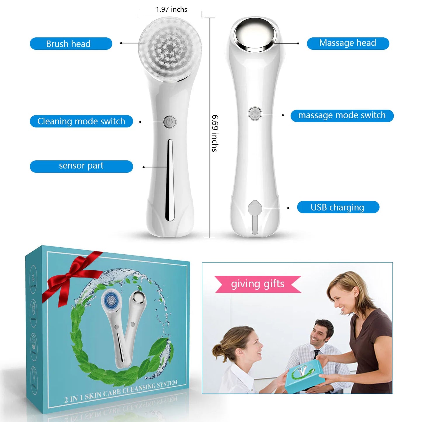 Facial Cleansing Brush, Brush For Exfoliating, IPX7 Waterproof 3 In 1 For Massaging, Deep Cleansing Rechargeable With 4 Brush Head Replacements, White
